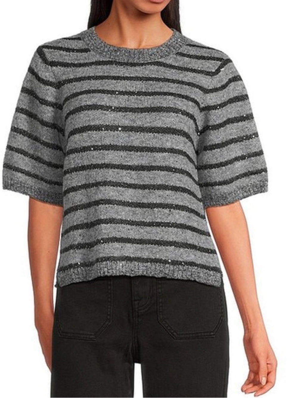 EUC Sanctuary Gray & Charcoal Striped Short-Sleeve Crew Sweater Shine Sequin